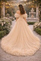 Champagne Floral Tulle Ball Gown – Off Shoulder Ruffle Evening Dress