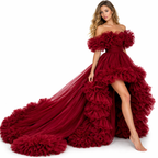 Burgundy Red Ruffle Tulle Gown Off Shoulder High-Low Evening Dress