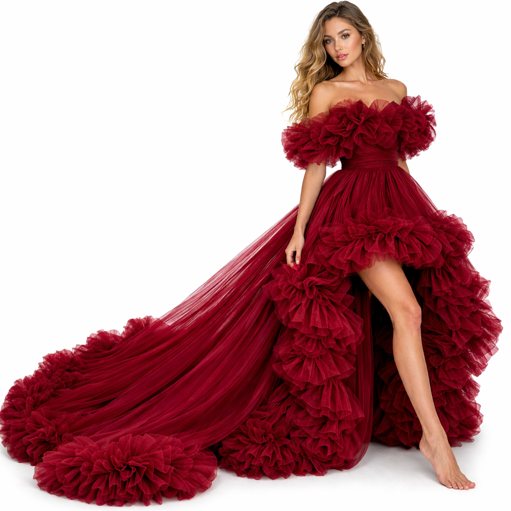 Burgundy Red Ruffle Tulle Gown Off Shoulder High-Low Evening Dress