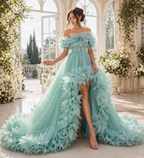 Aqua Blue Off Shoulder Ruffle Tulle Gown Elegant Evening Dress