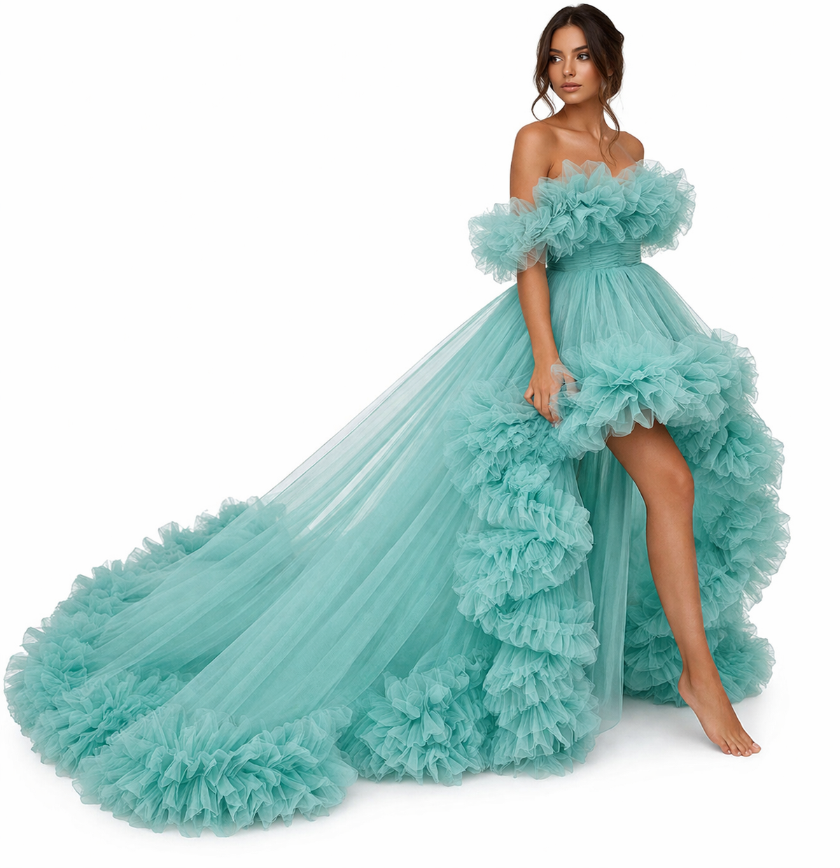 Aqua Blue Off Shoulder Ruffle Tulle Gown Elegant Evening Dress