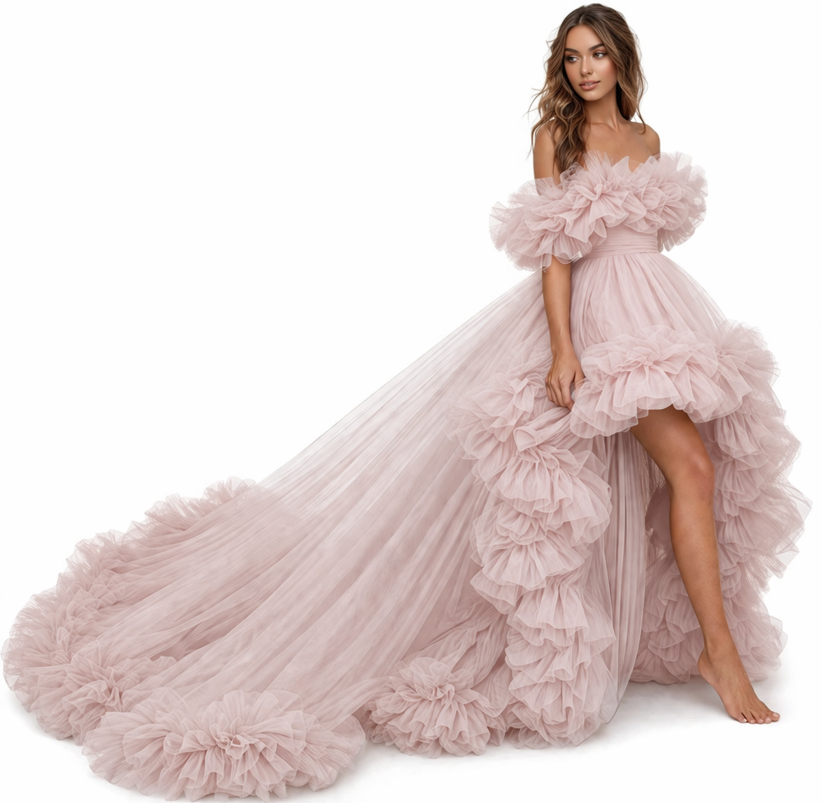Blush Pink Ruffle Off Shoulder Maxi Dress Elegant Tulle Evening Gown