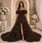 Elegant Brown Tulle Ball Gown with Floral Ruffles & Off Shoulder Design