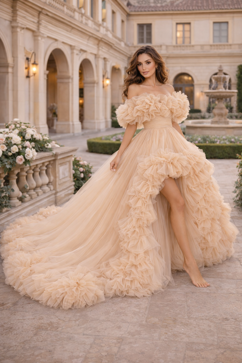 Champagne Floral Tulle Ball Gown – Off Shoulder Ruffle Evening Dress