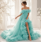 Aqua Blue Off Shoulder Ruffle Tulle Gown Elegant Evening Dress
