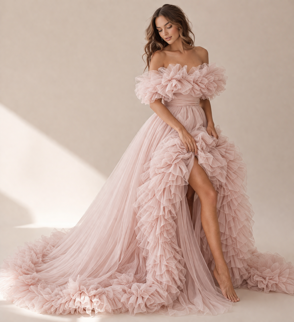 Blush Pink Ruffle Off Shoulder Maxi Dress Elegant Tulle Evening Gown