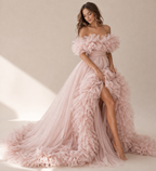 Blush Pink Ruffle Off Shoulder Maxi Dress Elegant Tulle Evening Gown