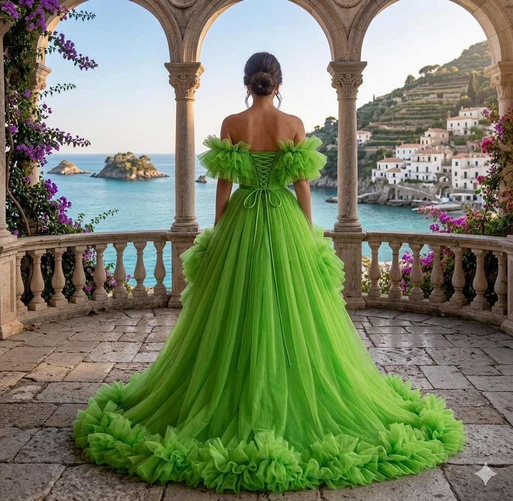 Lime Green Ruffle High Low Gown – Off Shoulder Tulle Formal Dress