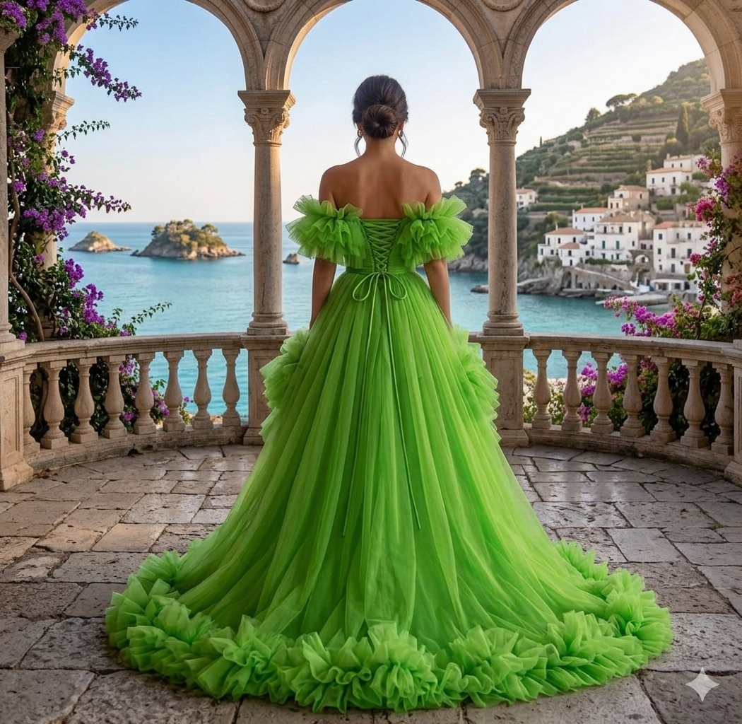 Lime Green Ruffle High Low Gown – Off Shoulder Tulle Formal Dress
