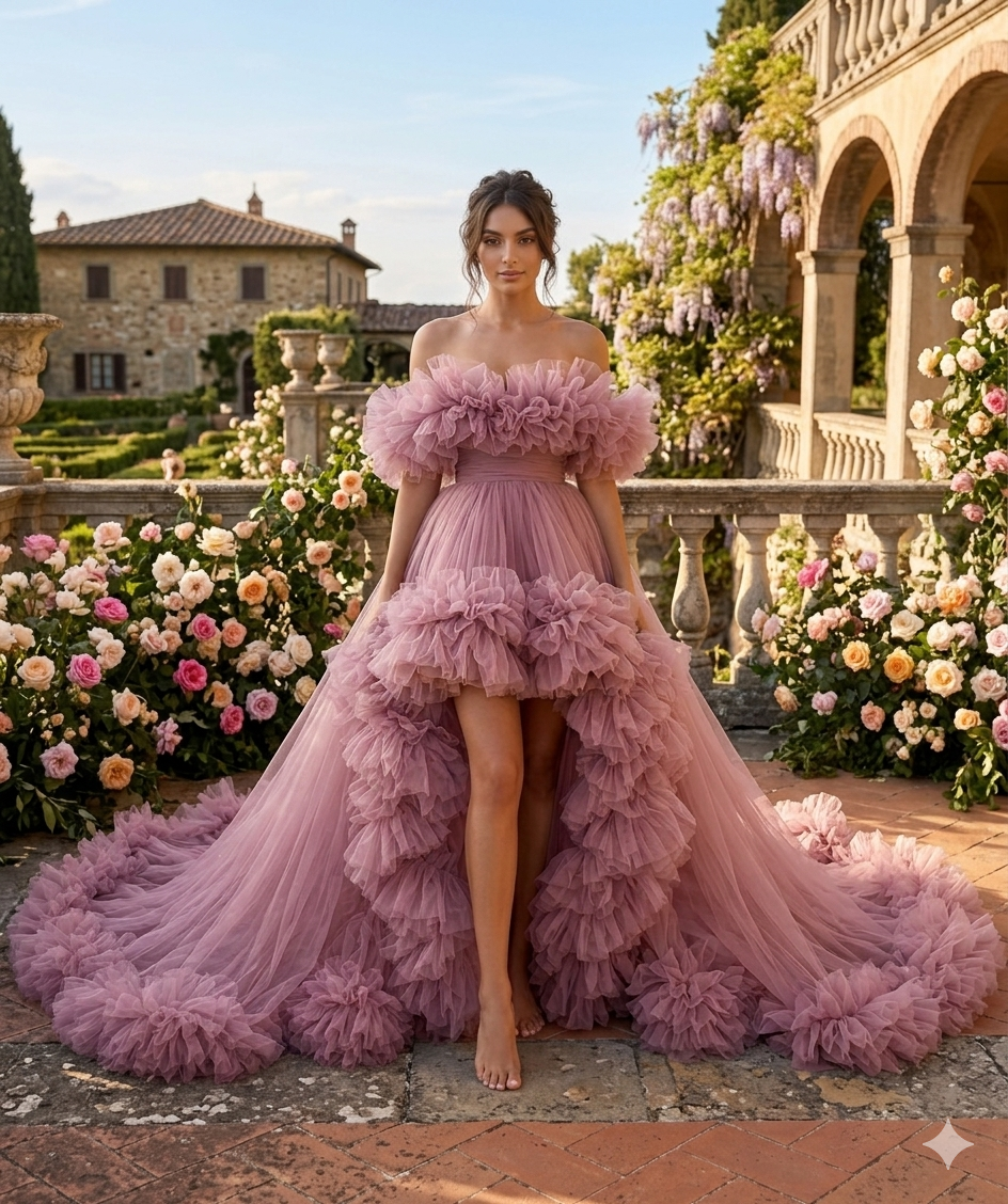 Luxury Blush Pink Ruffle Tulle Ball Gown Off Shoulder Fairy Tale Wedding & Evening Dress