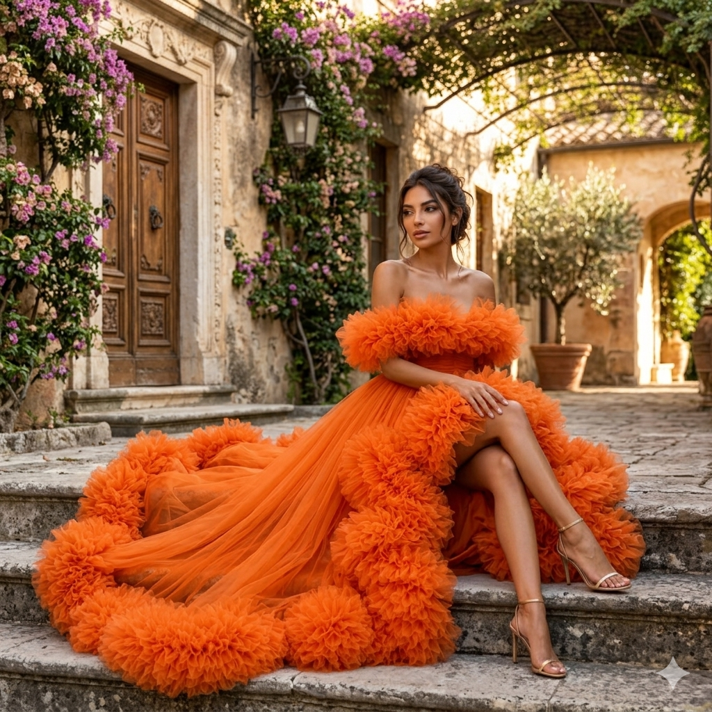 Orange Ruffle Flying Dress for Women Off Shoulder Tulle Couture Gown with Long Train
