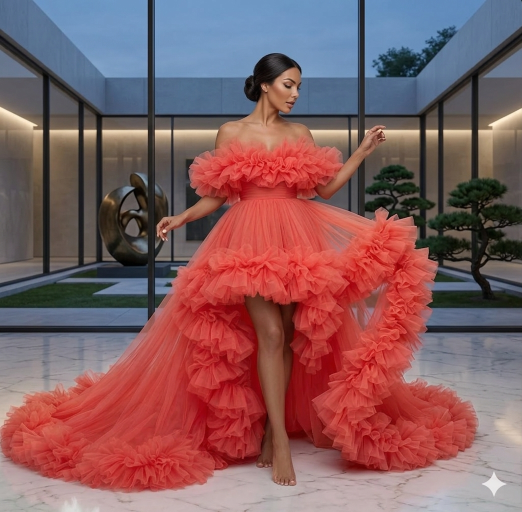 Coral Orange Ruffle Flying Dress – Off Shoulder Tulle Gown with Dramatic Train