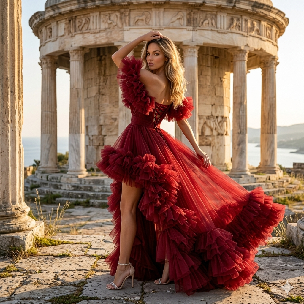Burgundy Red Ruffle Tulle Gown Off Shoulder High-Low Evening Dress