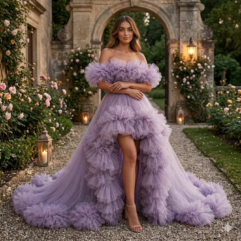 Lavender Flying Dress with Long Train – Luxury Ruffle Tulle Photoshoot Gown