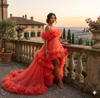 Coral Orange Ruffle Flying Dress – Off Shoulder Tulle Gown with Dramatic Train