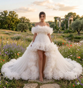 White Ruffle High Low Wedding Dress with Long Train – Off Shoulder Bridal Gown