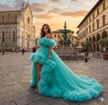 Turquoise Flying Dress with Long Train – Luxury Ruffle Photoshoot Gown for Women
