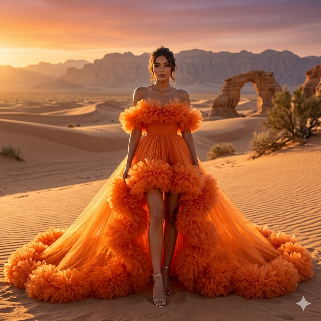Orange Ruffle Flying Dress for Women Off Shoulder Tulle Couture Gown with Long Train