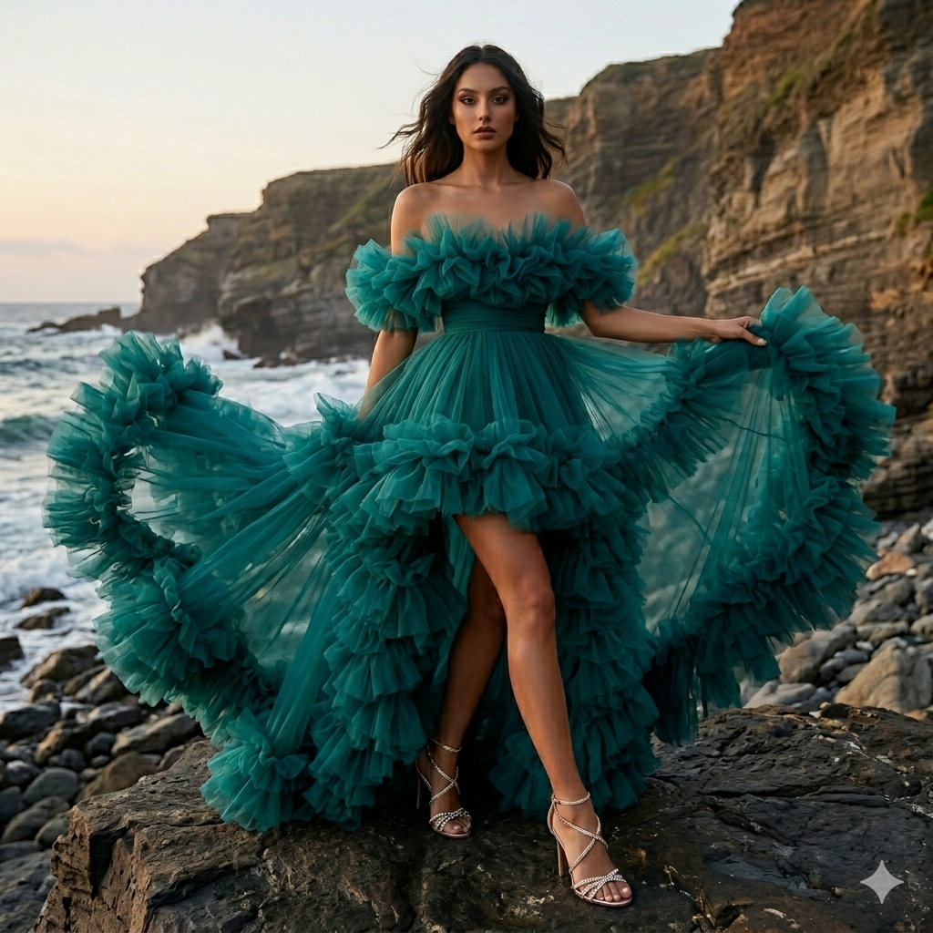 Teal Ruffle Tulle Gown – Off Shoulder High Low Formal Evening Prom Dress with Dramatic Train