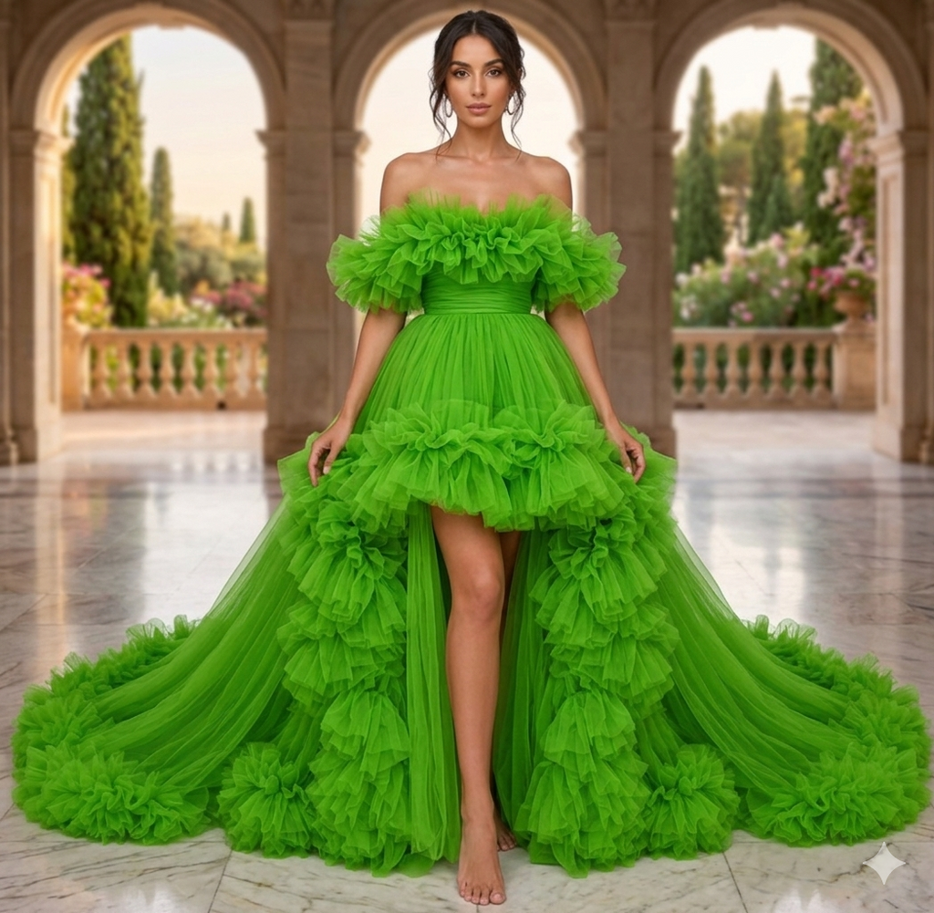Lime Green Ruffle High Low Gown – Off Shoulder Tulle Formal Dress