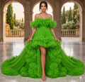 Lime Green Ruffle High Low Gown – Off Shoulder Tulle Formal Dress