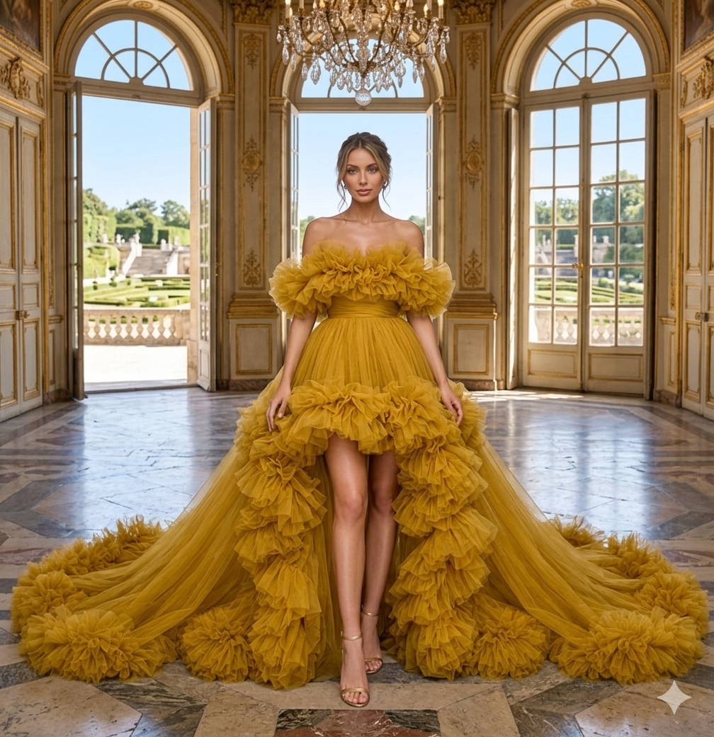 Mustard Yellow Floral Ruffle Ball Gown Off Shoulder Evening Dress