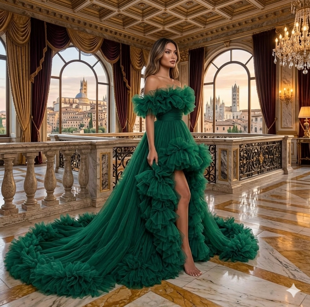 Emerald Green Tulle Gown – High Low Ruffle Dress with Dramatic Long Train