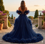 Luxury Navy Blue Ruffle Tulle Gown for Women – Off Shoulder Designer Evening Dress