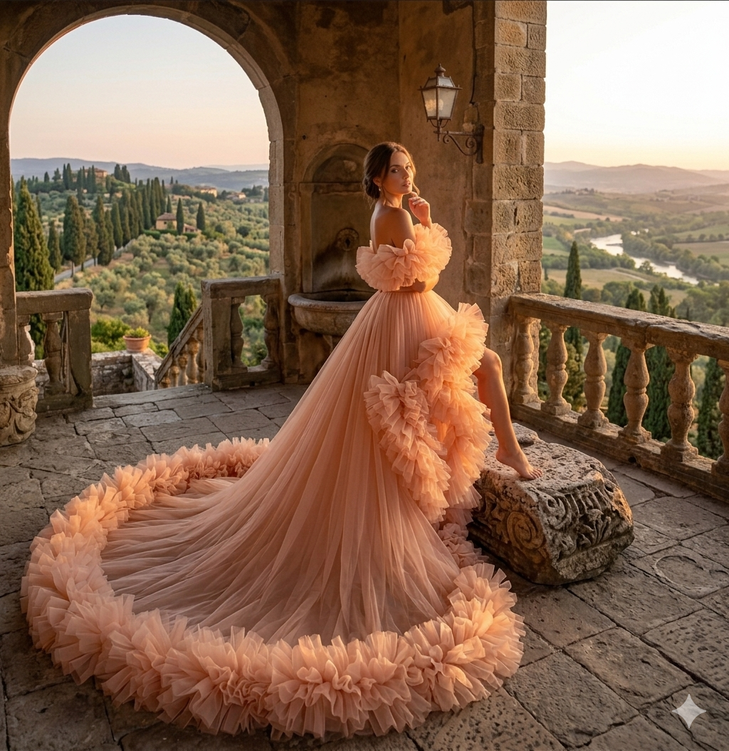 Peach Ruffle Tulle Gown – Off Shoulder High Low Luxury Evening Dress