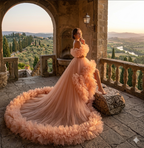 Peach Ruffle Tulle Gown – Off Shoulder High Low Luxury Evening Dress