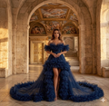 Luxury Navy Blue Ruffle Tulle Gown for Women – Off Shoulder Designer Evening Dress