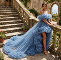 Dusty Blue Tulle Dress, High Low Ruffle Gown, Off Shoulder Prom Dress, Long Train Formal Gown