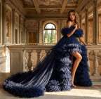 Luxury Navy Blue Ruffle Tulle Gown for Women – Off Shoulder Designer Evening Dress