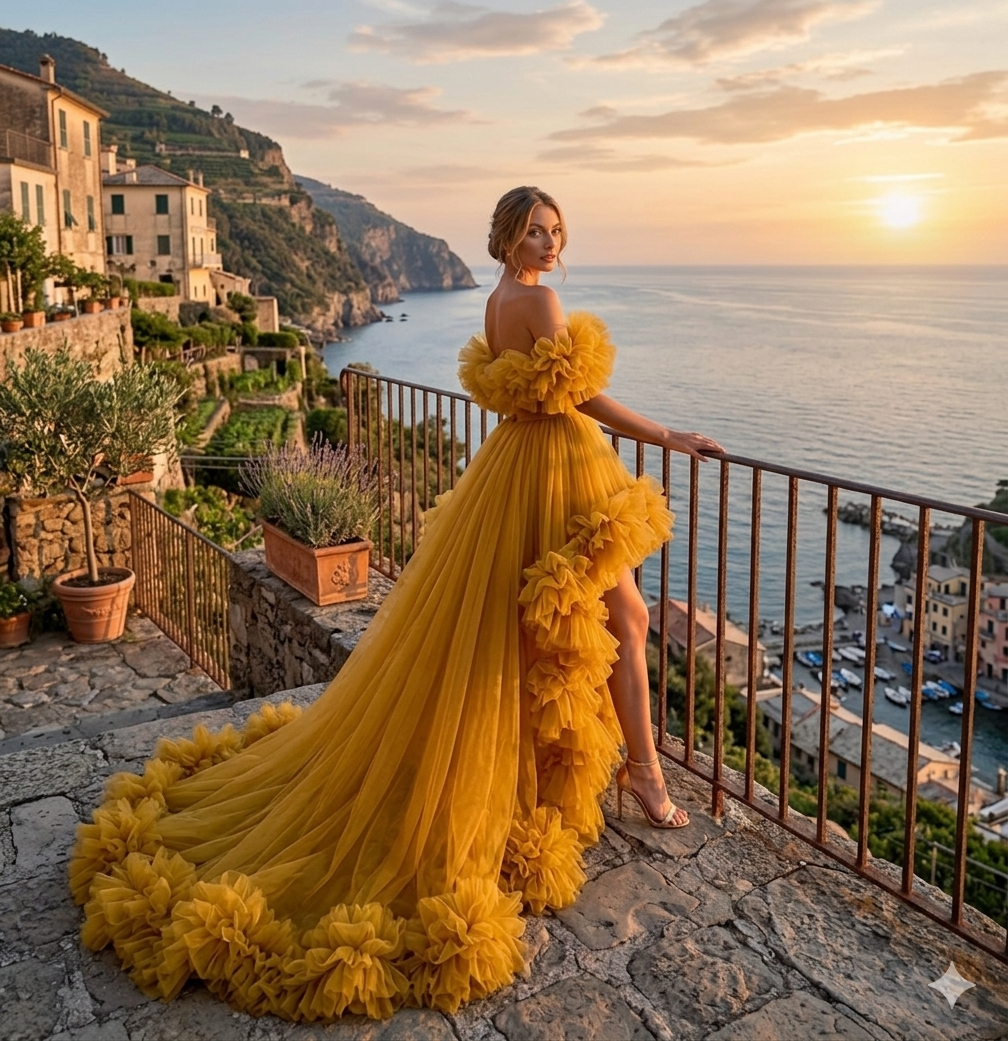 Mustard Yellow Floral Ruffle Ball Gown Off Shoulder Evening Dress