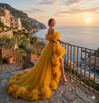 Mustard Yellow Floral Ruffle Ball Gown Off Shoulder Evening Dress