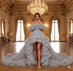 Luxury Grey Tulle Ruffle Gown for Women Off Shoulder Ball Gown Couture Evening Dress