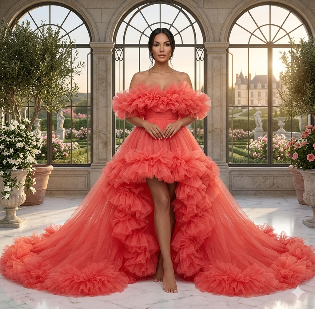 Coral Orange Ruffle Flying Dress – Off Shoulder Tulle Gown with Dramatic Train