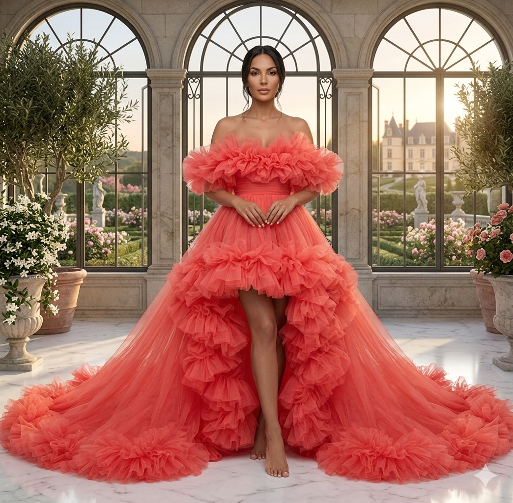 Coral Orange Ruffle Flying Dress – Off Shoulder Tulle Gown with Dramatic Train