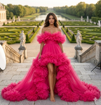 Hot Pink Tulle Dress, High Low Ruffle Gown, Off Shoulder Prom Dress, Long Train Formal Gown