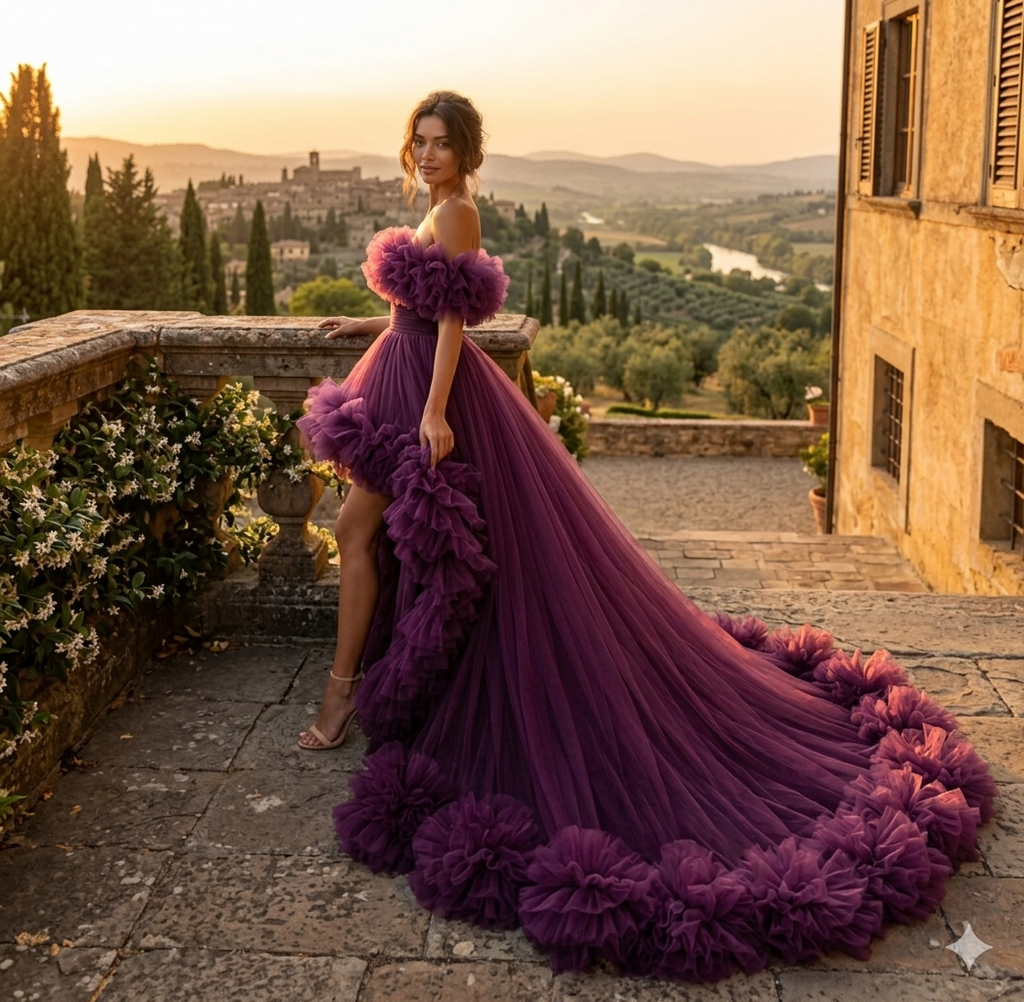 Elegant Purple Ruffle Dress for Women, Couture Maxi Gown, Destination Wedding Dress, Luxury Holiday Photoshoot Outfit