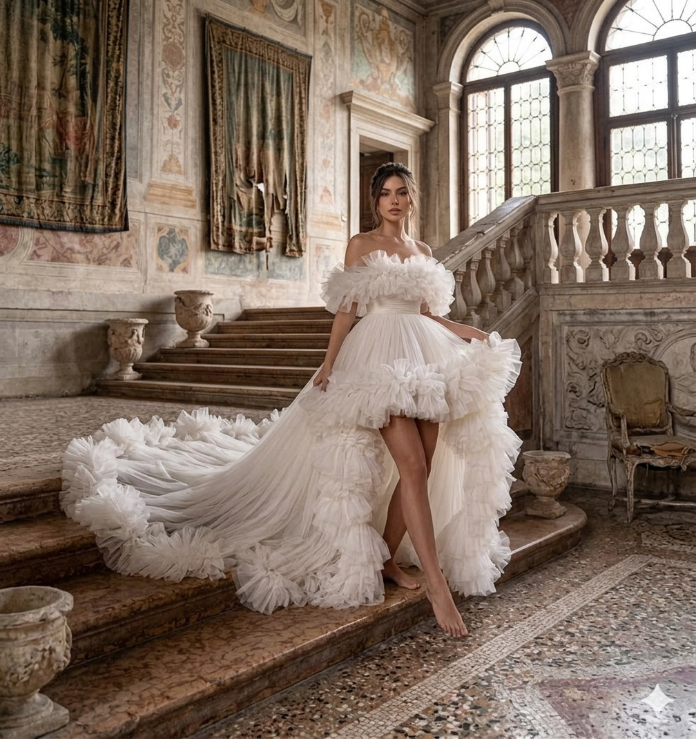 White Ruffle High Low Wedding Dress with Long Train – Off Shoulder Bridal Gown