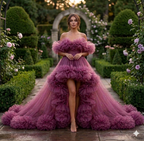 Mauve Ruffle Tulle High Low Gown – Off Shoulder Luxury Evening Dress