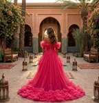 Hot Pink Tulle Dress, High Low Ruffle Gown, Off Shoulder Prom Dress, Long Train Formal Gown