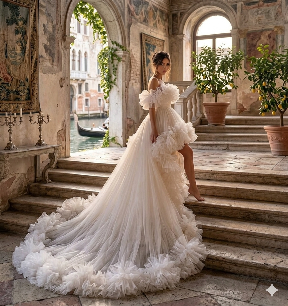 White Ruffle High Low Wedding Dress with Long Train – Off Shoulder Bridal Gown