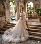White Ruffle High Low Wedding Dress with Long Train – Off Shoulder Bridal Gown