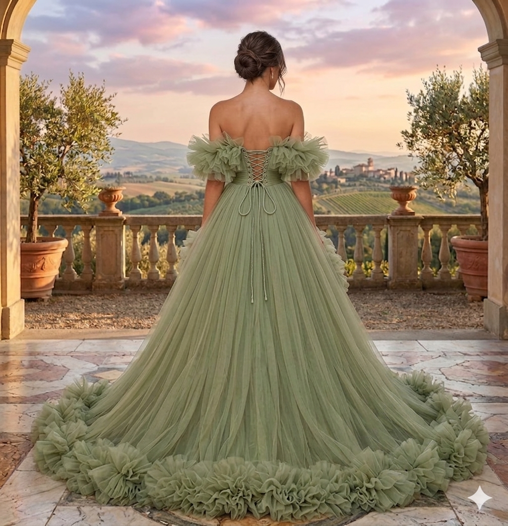 Luxury Sage Green Ruffle Tulle Ball Gown Off Shoulder Fairy Tale Wedding & Evening Dress