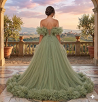 Luxury Sage Green Ruffle Tulle Ball Gown Off Shoulder Fairy Tale Wedding & Evening Dress