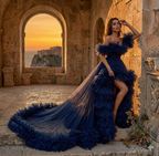 Luxury Navy Blue Ruffle Tulle Gown for Women – Off Shoulder Designer Evening Dress