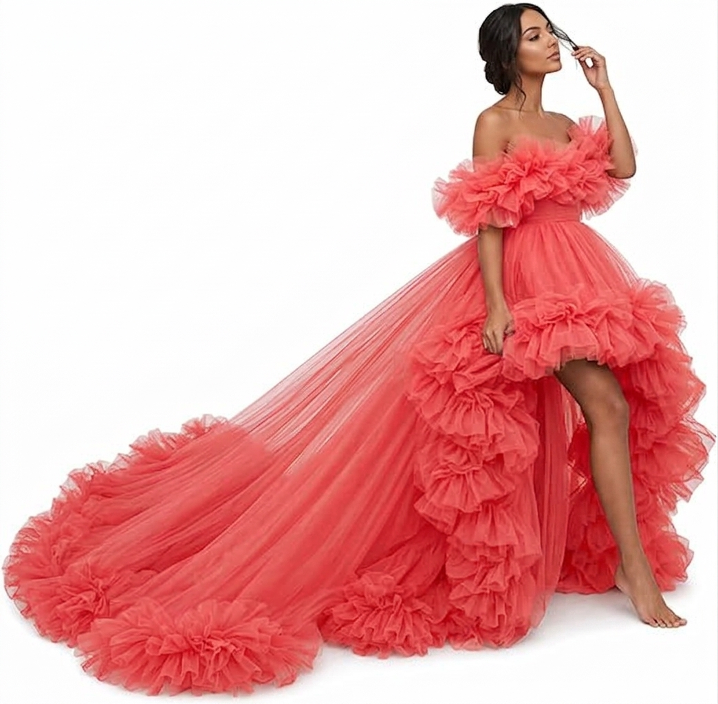Coral Orange Ruffle Flying Dress – Off Shoulder Tulle Gown with Dramatic Train