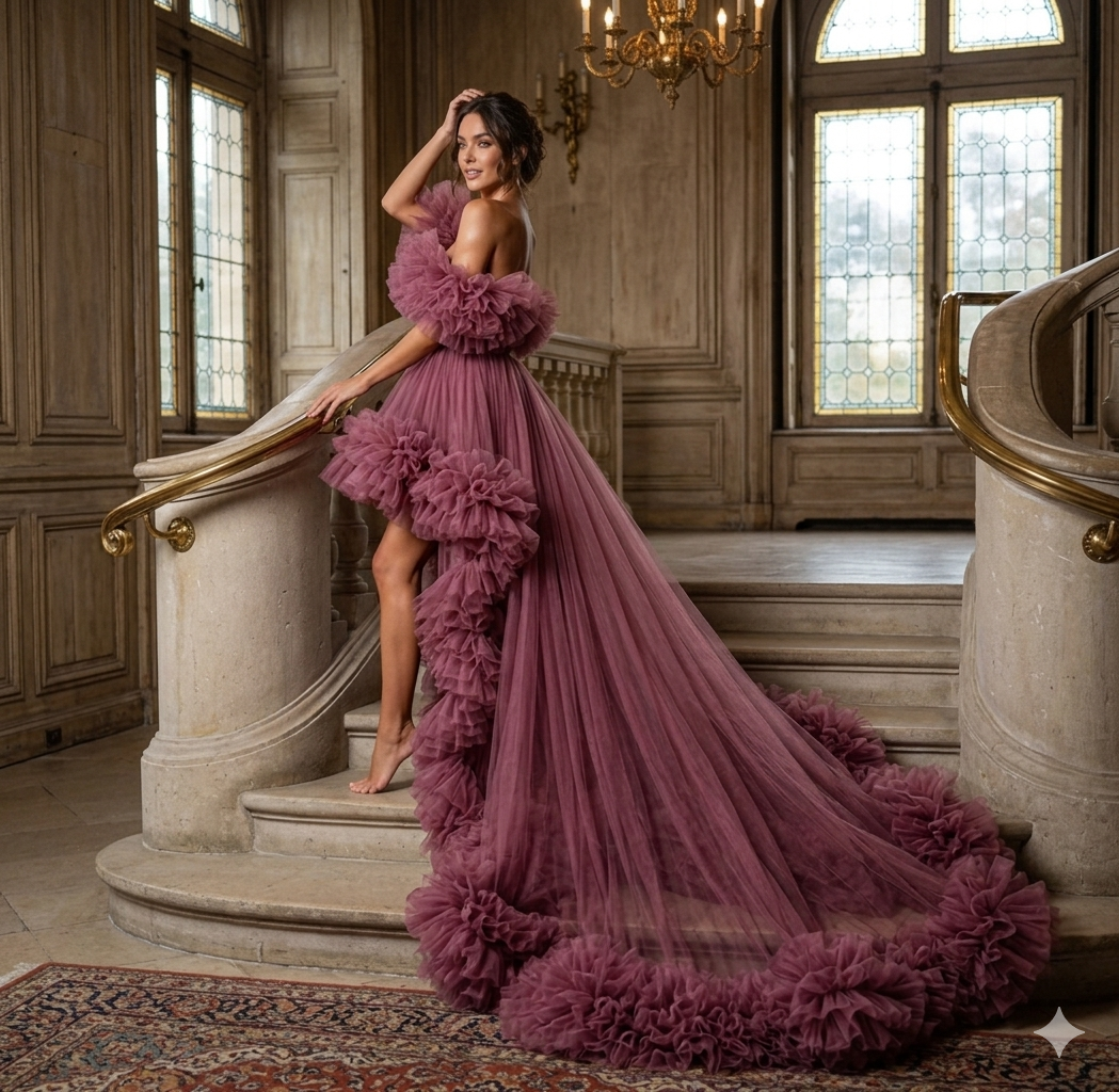 Mauve Ruffle Tulle High Low Gown – Off Shoulder Luxury Evening Dress